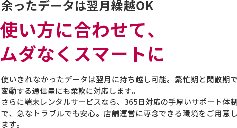 余ったデータは翌月繰越OK　使い方に合わせて、ムダなくスマートに　使いきれなかったデータは翌月に持ち越し可能。繁忙期と閑散期で変動する通信量にも柔軟に対応します。さらに端末レンタルサービスなら、365日対応の手厚いサポート体制で、急なトラブルでも安心。店舗運営に専念できる環境をご用意します。